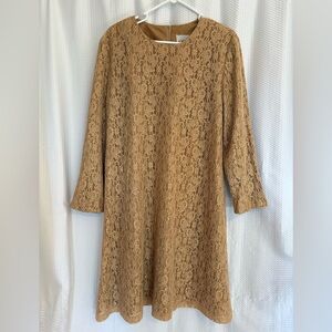 Vintage gold lace long sleeve shift dress size petite 16